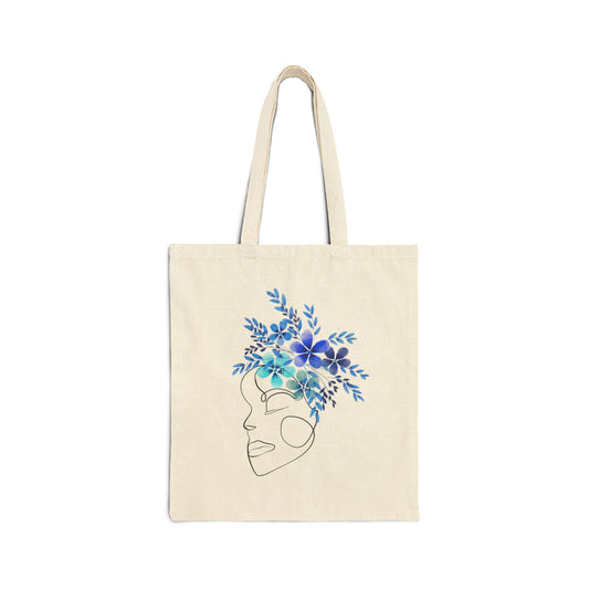 Blue Floral Woman Face Tote Bag